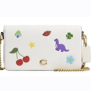Coach Cream Sticker Patch Crossbody Clutch with Gold ChainI